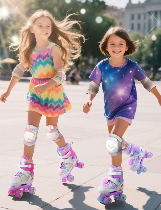 SULIFEEL Rainbow Tie-Dye Adjustable Roller Skates for Girls Kids Ages 3-5 5-8 6-12 Pink Purple Light Up Skate with Fluffy Pom Poms Triple Protection for Indoor Outdoor Skating