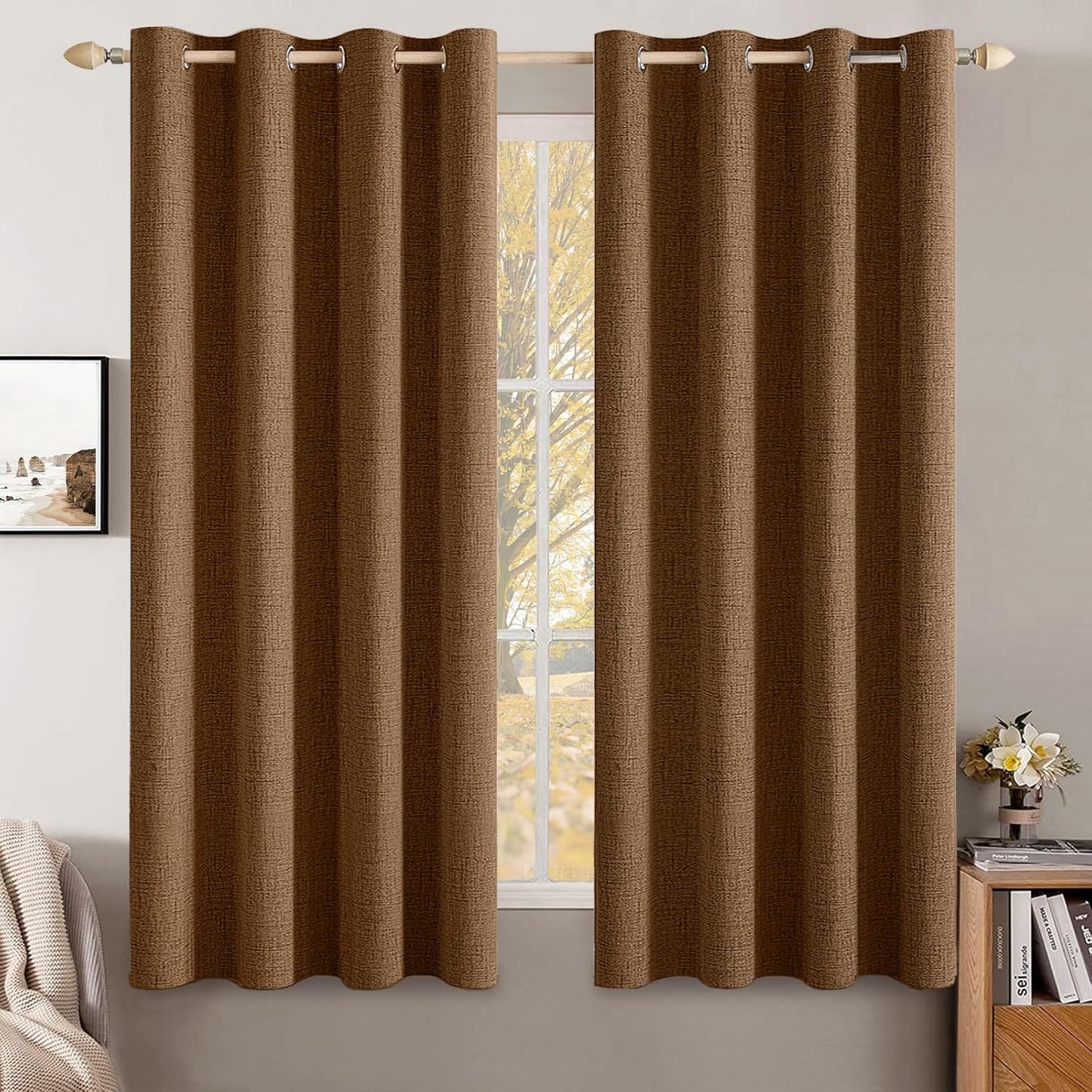 MIULEE Linen Curtains - 100% Blackout Thermal Insulated Drapes | Brown Grommet Room Darkening | 52 x 54 Inch (2 Panels)