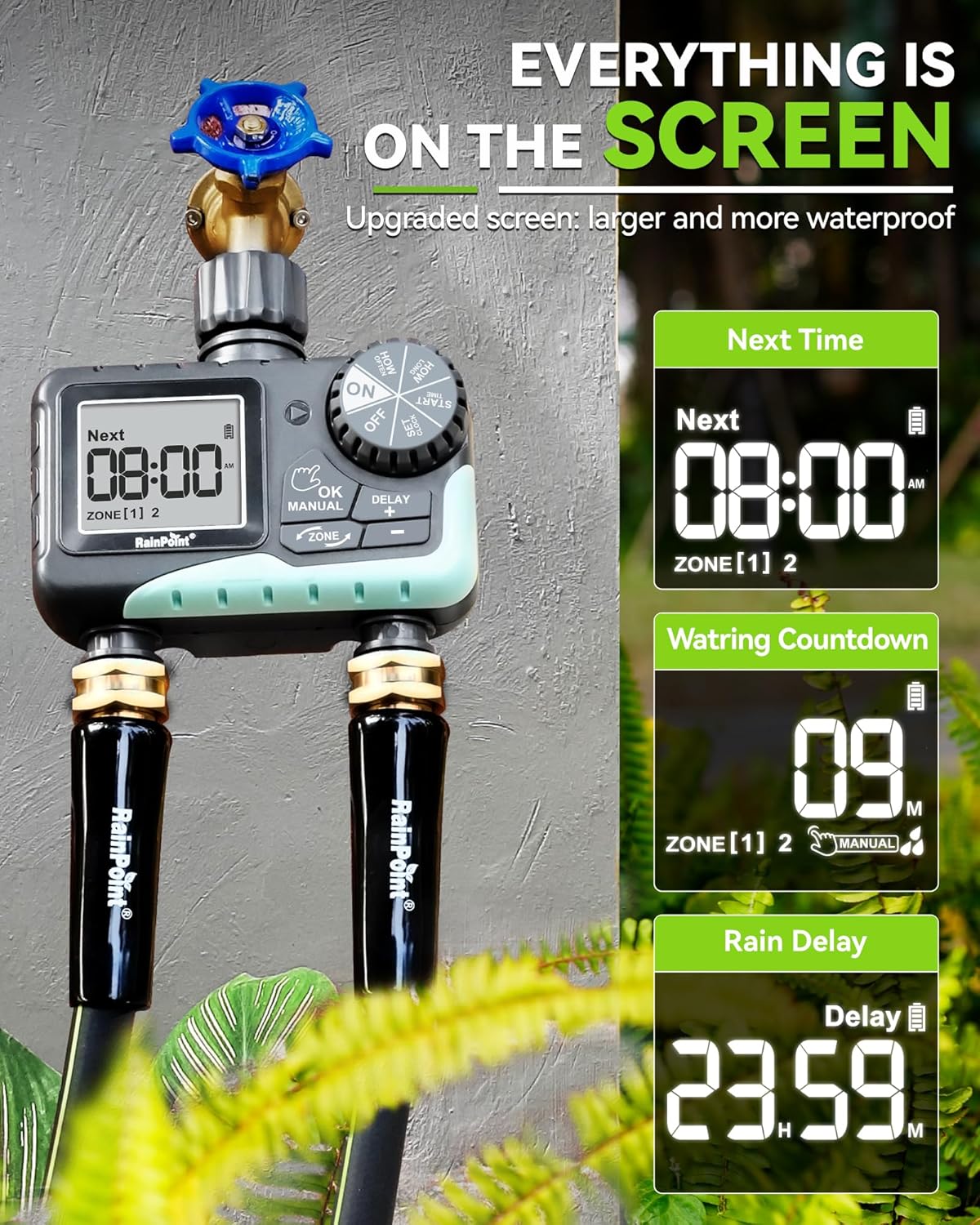 RAINPOINT Water Timer for Garden Hose - 2-Zone Sprinkler System with Rain Delay & Automatic Irrigation