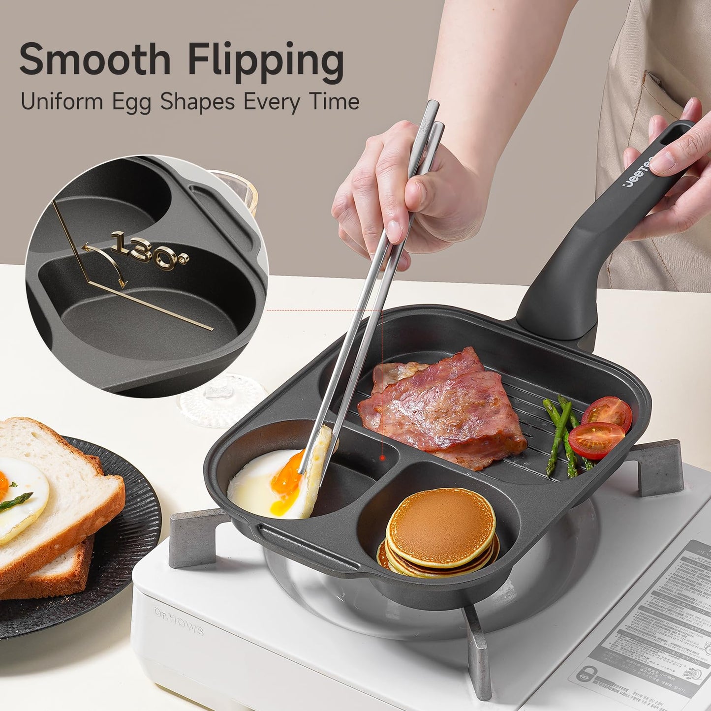JEETEE Divided Egg Pan & Omelette Pan, 3-in-1 Breakfast Pan with Titanium Nonstick Coating, PFOA/PFOS/PTFE Free, Induction Compatible