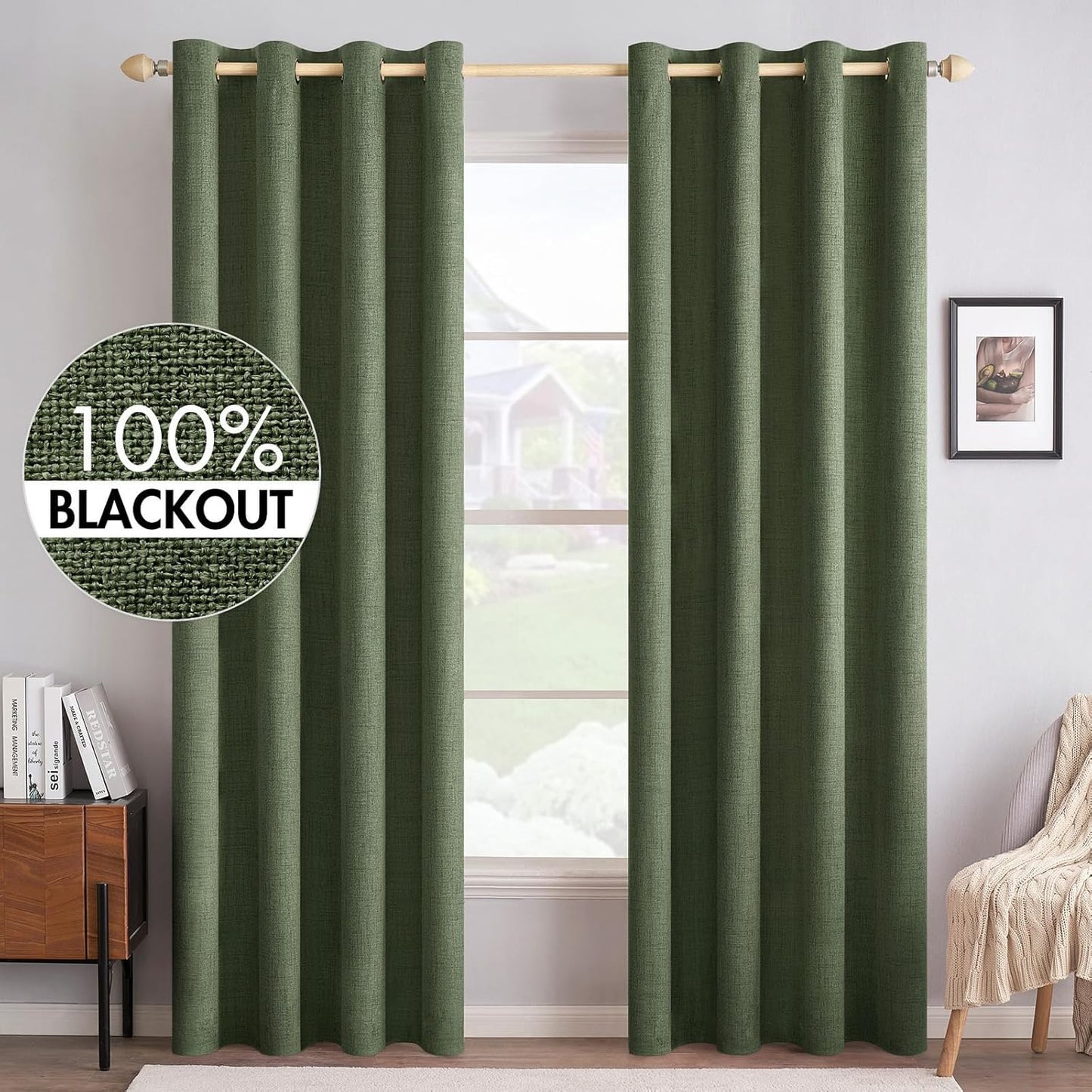 MIULEE 100% Blackout Linen Textured Curtains - Olive Green Thermal Insulated Drapes | 52 x 84 Inch (2 Panels)