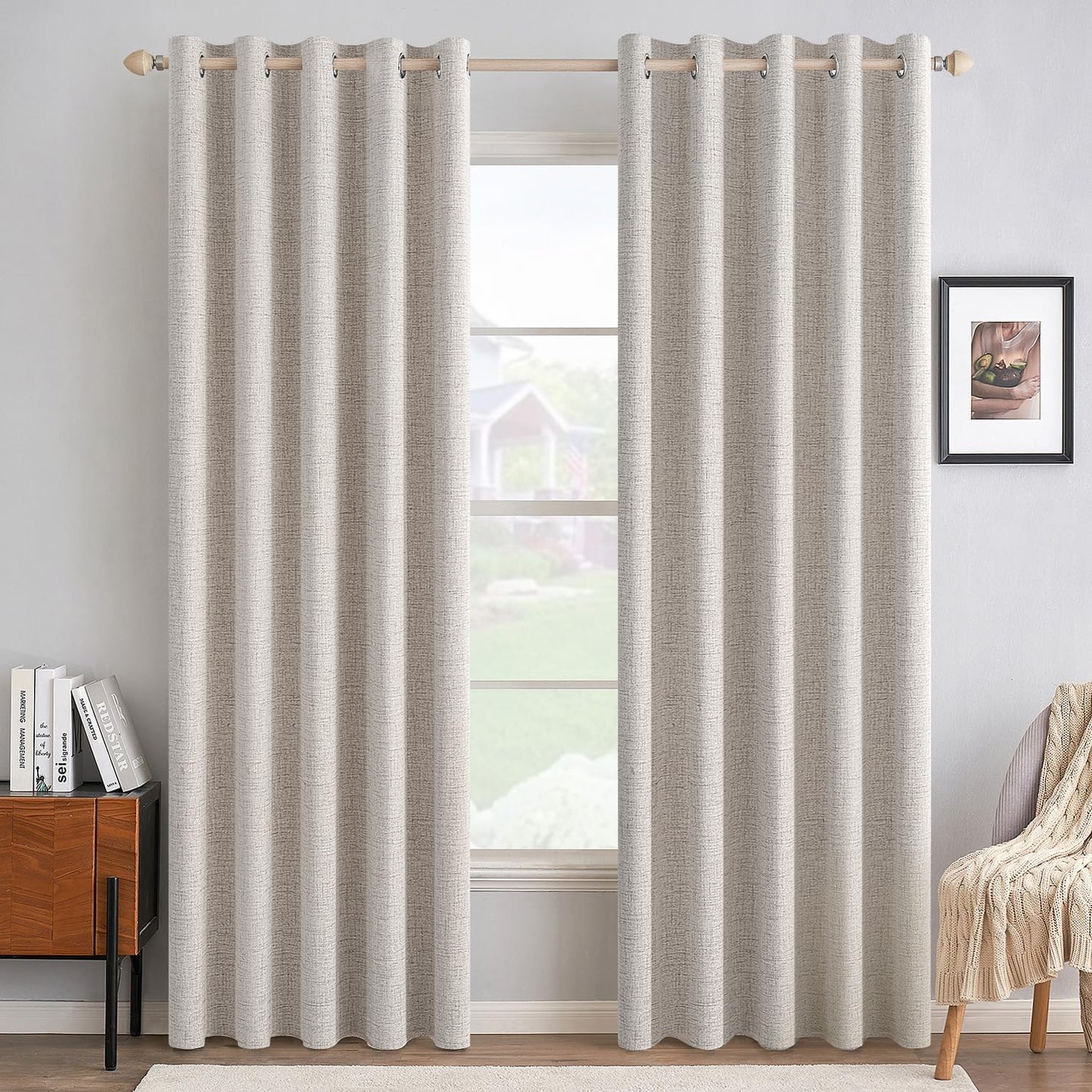 MIULEE 100% Blackout Linen Textured Curtains - Thermal Insulated Ivory Grommet Drapes | 62 x 90 Inch (2 Panels)
