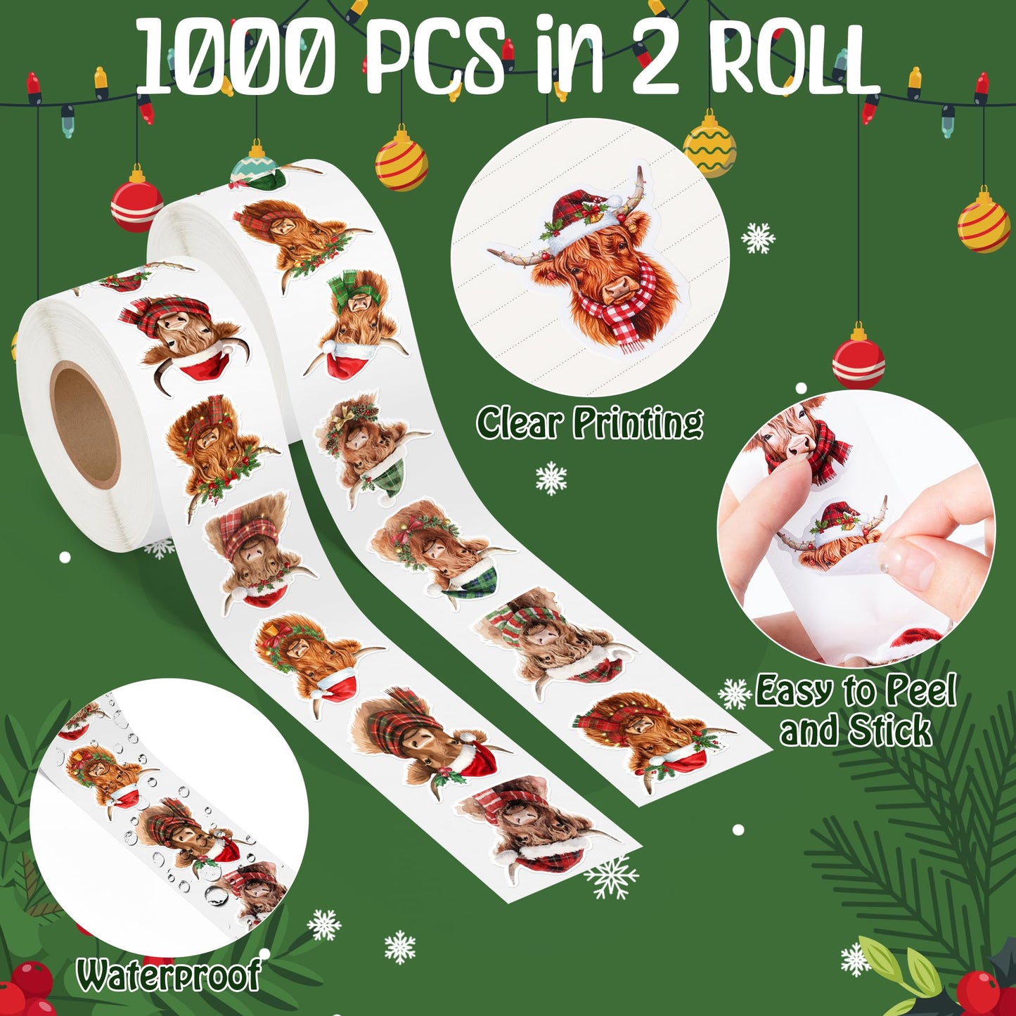 BkeeCten Christmas Highland Cow Sticker - 600 Pcs Christmas Highland Cow Waterproof Vinyl Reusable Laptop Sticker Coloring Book Scrapbook Water Bottle Page Activity Pad Party Favor Skateboard Giftwrap