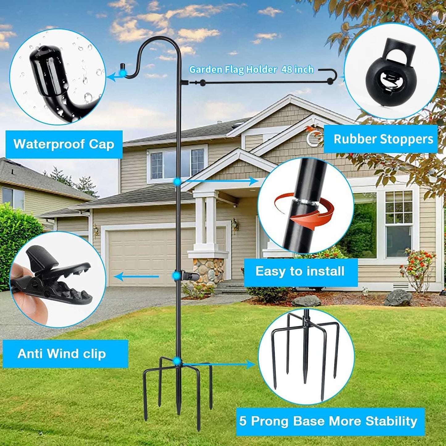 **GFSH Garden Flag Holder Stand - 48 Inch Metal Pole for 12x18 Flags & Solar Lights | Black**