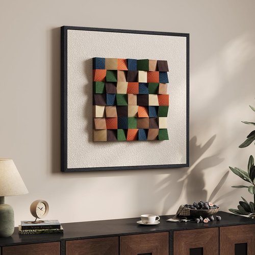 Framed 3D Textured Wood Abstract Wall Art - Boho Colorful Geometric Beige Painting | 24 x 24 Inch for Living Room, Bedroom, Office