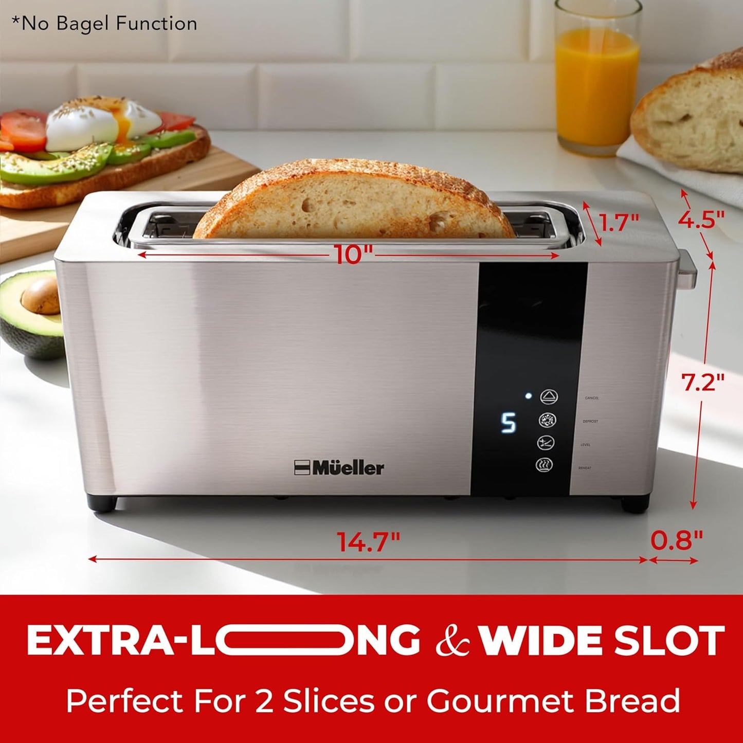 Mueller UltraToast 2-Slice Stainless Steel Toaster - Extra-Wide Slots, 6 Browning Levels & LED Display