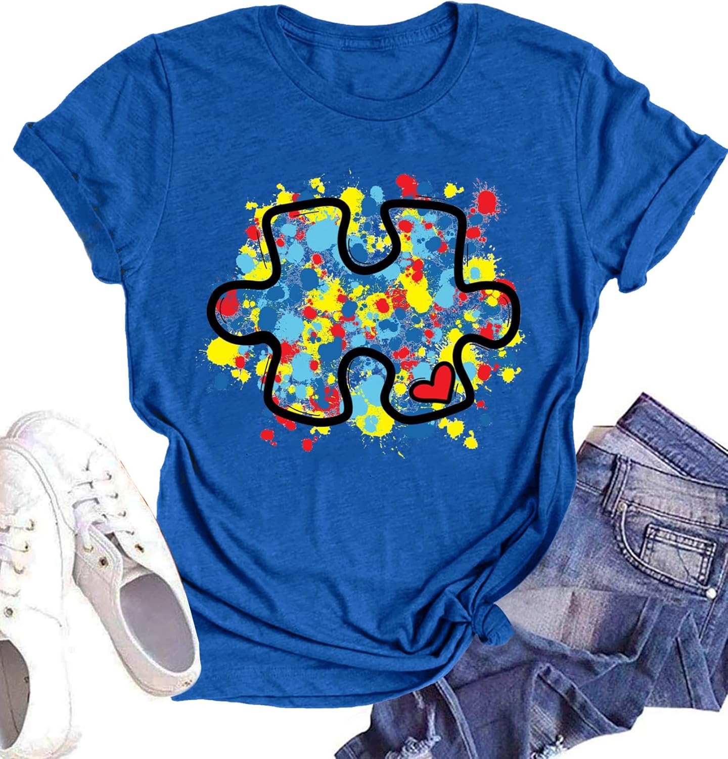 LAZYCHILD Autism Awareness Shirt - Women's Blue T-Shirt with Puzzle Piece Design