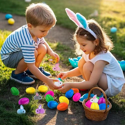 24 Pack Easter Egg Fillers with Easter Bunny Plush, Easter Eggs with Toys Inside, Mini Stuffed Animals Filled Easter Eggs Hunts Party Favors, Easter Basket Stuffers for Kids Toddler Teens Boys Girls
