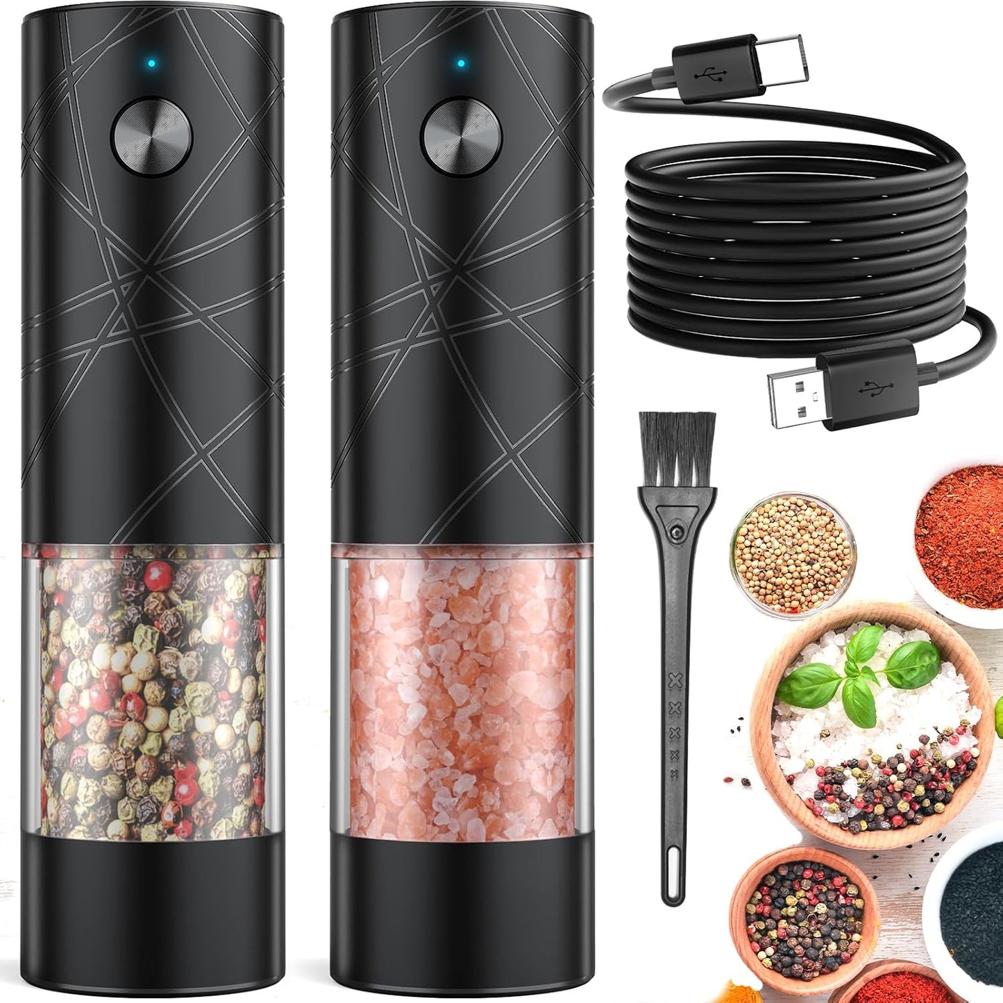 Lidaop Electric Salt and Pepper Grinder Set - USB Rechargeable with LED Light | Adjustable Coarseness, Large Capacity, Black - 2-Pack