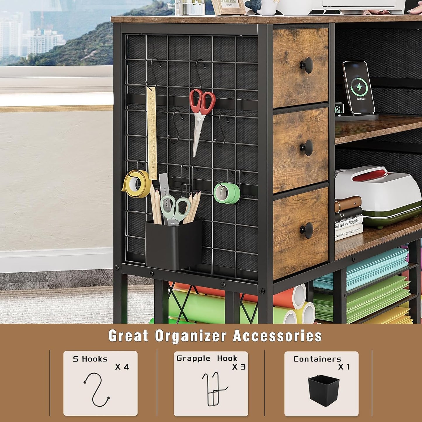 VENNQD Craft Cart - Cricut-Compatible Table with Charging Station & 48 Vinyl Roll Holders | Rustic Brown