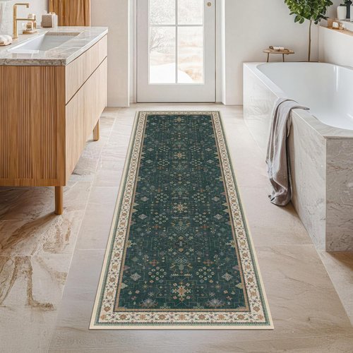 Hazo Haus Vintage 2x7 Washable Runner Rug - Non-Slip, Stain Resistant, Dark Green Floral Design for Kitchen & Hallway
