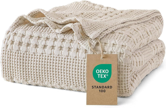 PHF 100% Cotton Waffle Weave Blanket - Soft, Lightweight & Breathable Queen Size | Light Taupe/Oatmeal, All-Season Comfort
