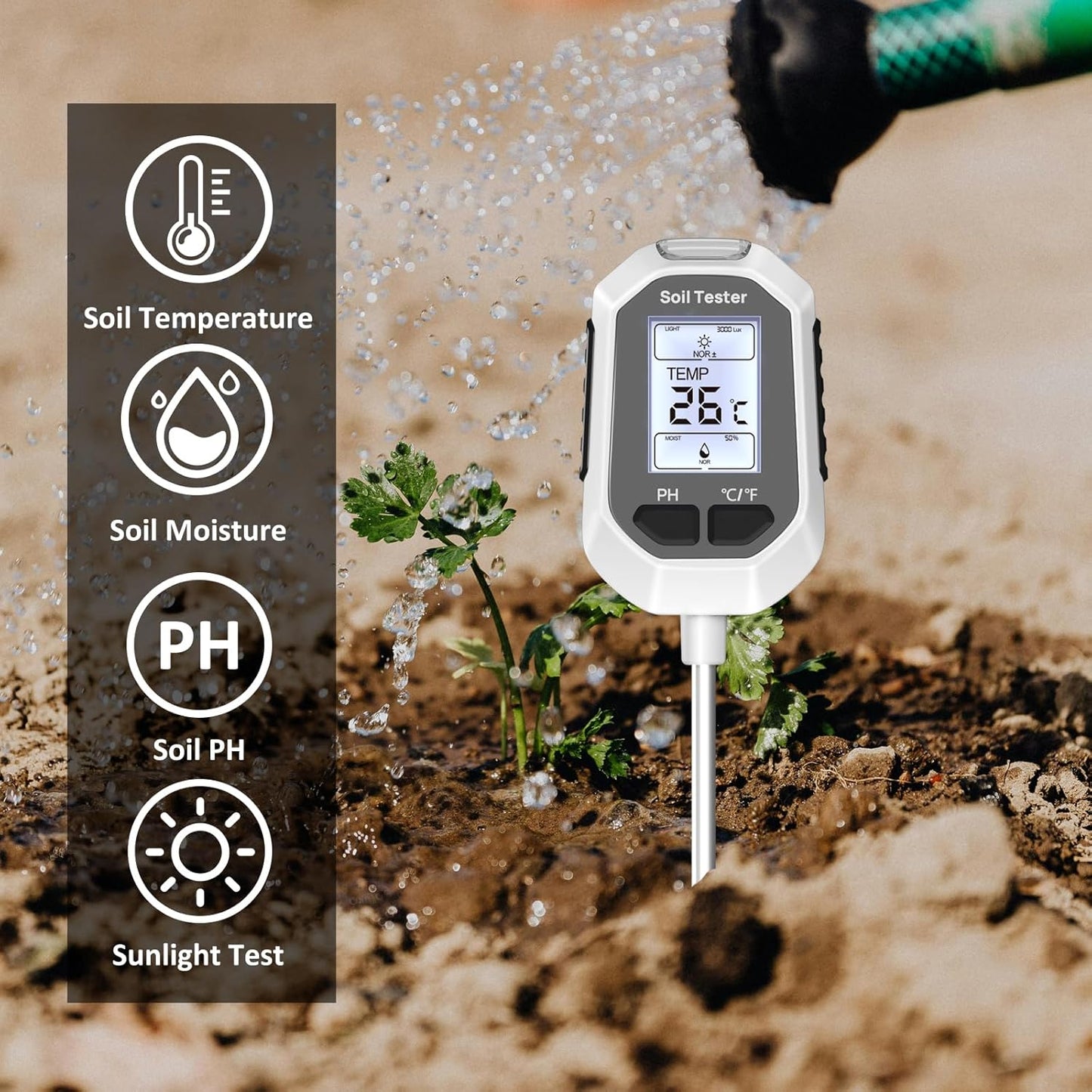 YAMRON 4-in-1 Soil Moisture Meter - Digital Plant Temperature, pH & Sunlight Tester | Backlit LCD Display for Gardening