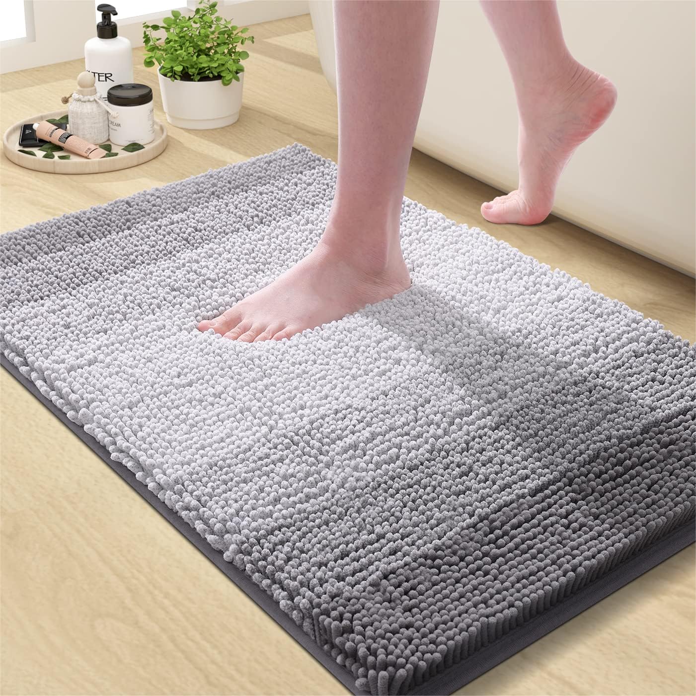 OLANLY Bathroom Rug - Extra Soft Chenille Shaggy Mat | Non-Slip & Machine Washable (24 x 16 Inch, Grey)