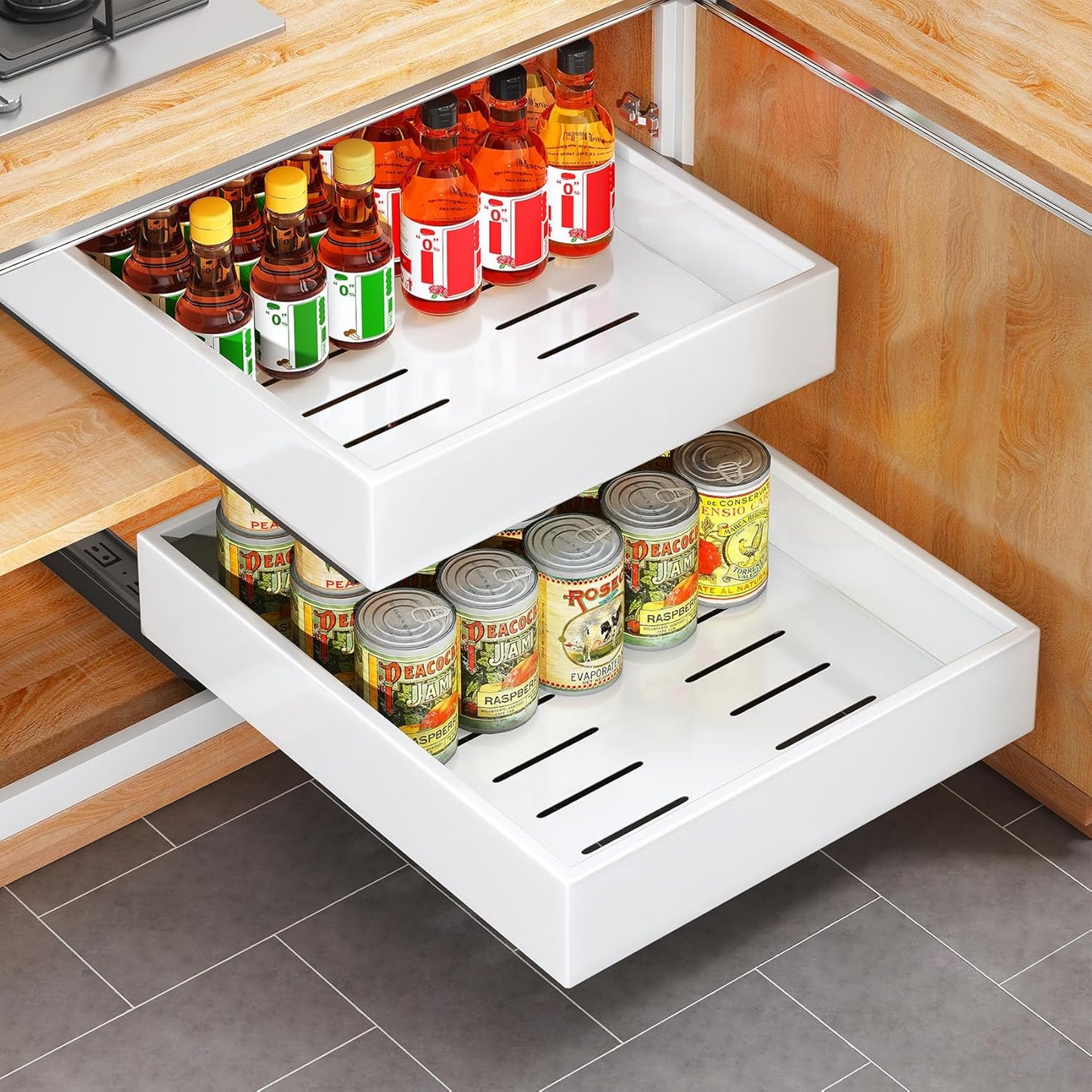 Skiennix Pull-Out Cabinet Organizer - Heavy-Duty Full-Extension Drawers, 21" Deep, White