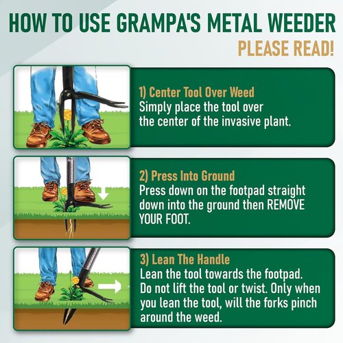 Grampa's Metal Weeder - Stand Up Weed Puller Tool with Steel Handle & 4-Claw Head | Effortless Weeding (Black)