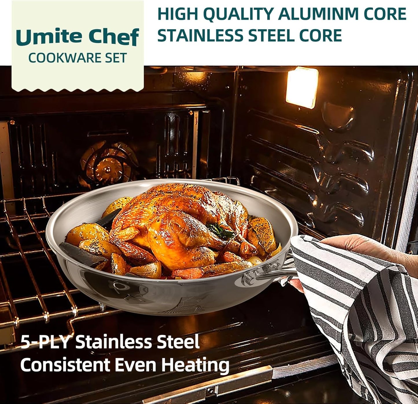 Umite Chef Stainless Steel Cookware Set - 14-Piece Induction-Ready, Heavy-Duty & Oven Safe | PFOA, PTFE & PFOS Free