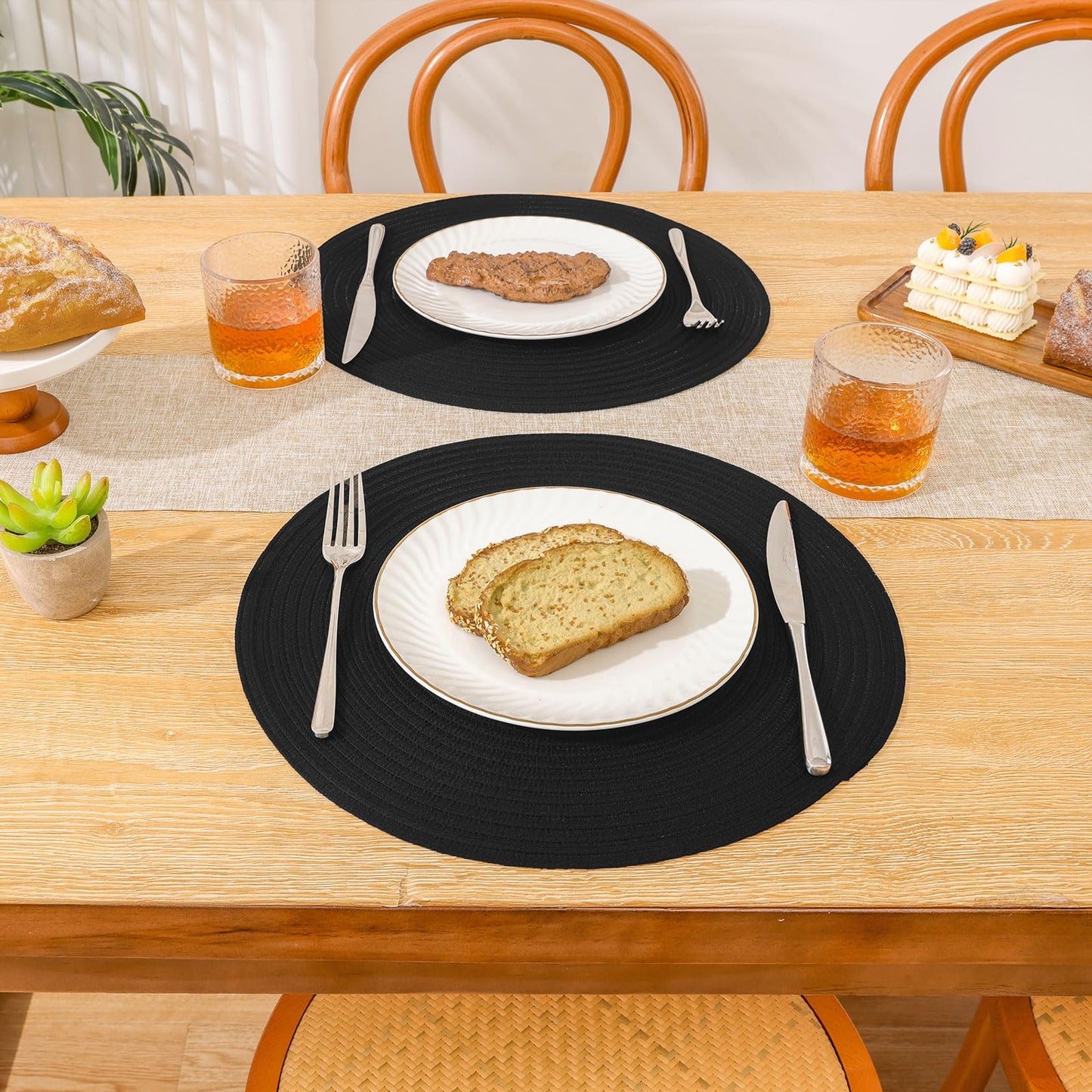 SHACOS Black Round Placemats Set of 12 Heavy Cotton Polyester Woven Braided Place Mats Washable Heat Resistant Non Slip Table Mats