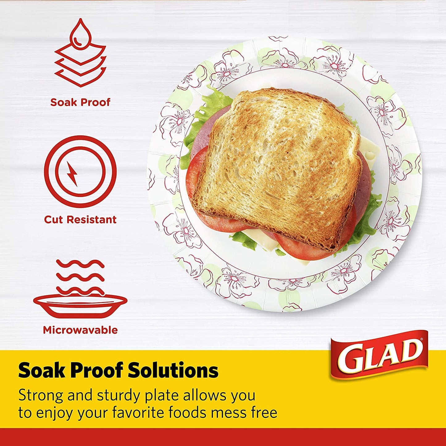 Glad Disposable Paper Plates, Pink Floral Pattern, 8.5 Inch Round, Soak Proof Coating, Microwave Safe, Cut Resistant, Sturdy for Dinner, Parties, and Everyday Meals, 50 Count - 12 Pack