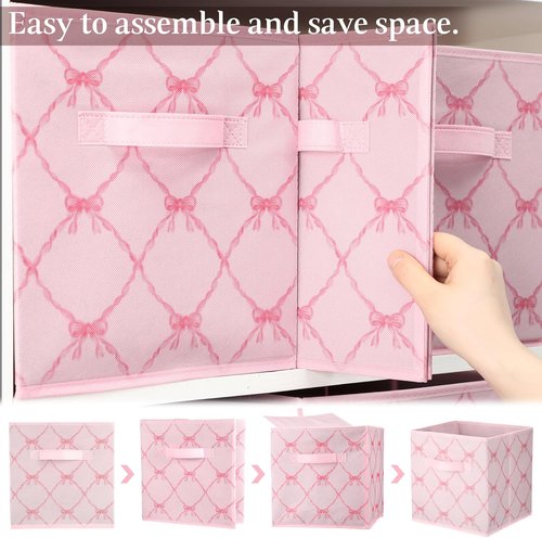 Geelin 6 Pcs Light Pink Bow Storage Bins - 11 Inch Collapsible Organizer Baskets for Home & Office
