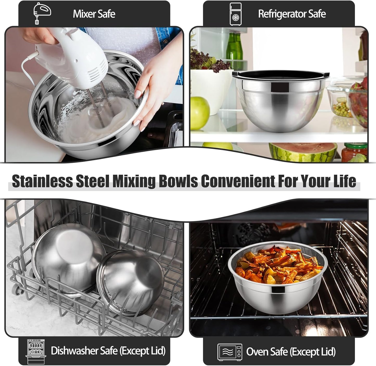P&P CHEF Mixing Bowls Set - 3 Stainless Steel Bowls with Lids | Airtight, Stackable, 4.6/3/1.5 QT