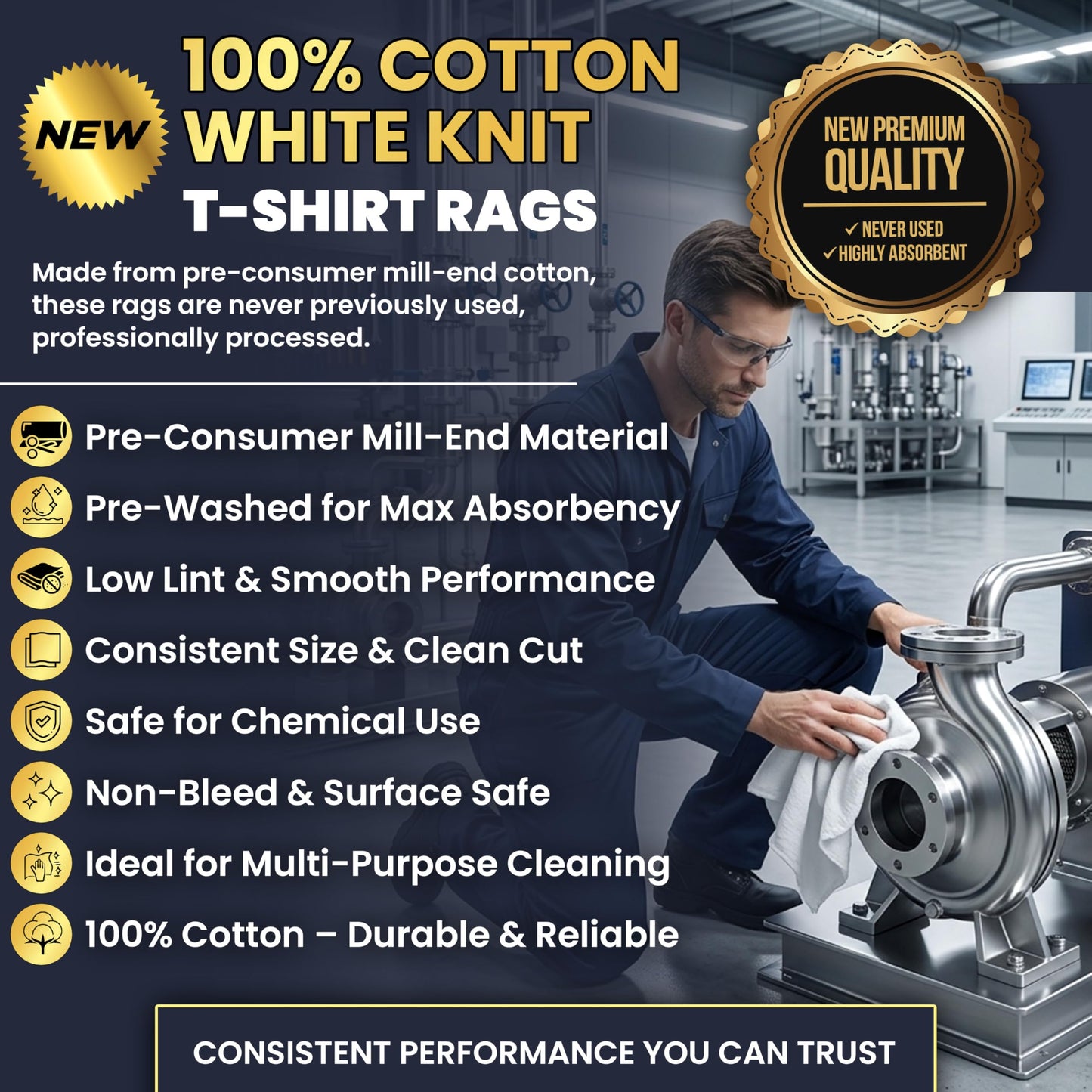 SupremePlus Premium New White Cotton Knit T-Shirt Rags (10 lbs. Box of Rags) - Lint-Free, Soft & Absorbent Cleaning Cloths for Auto, Paint, Garage, Staining & Polishing