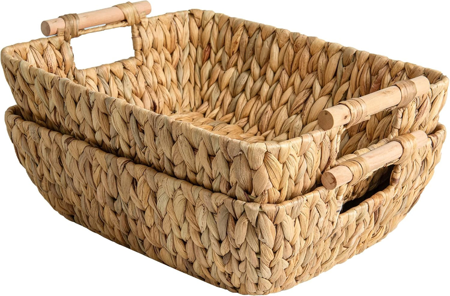 StorageWorks Hand-Woven Storage Baskets - Durable Water Hyacinth Wicker with Wooden Handles | 2 Pack