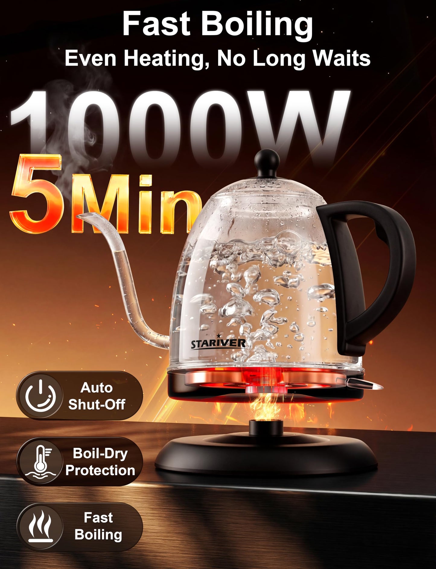 Stariver Electric Kettle Gooseneck Kettle, 1L Water Boiler, BPA-Free, Pour Over Tea Pot Stainless Steel for Coffee & Tea with Fast Heating, Auto-Shut Off and Boil-Dry Protection Tech