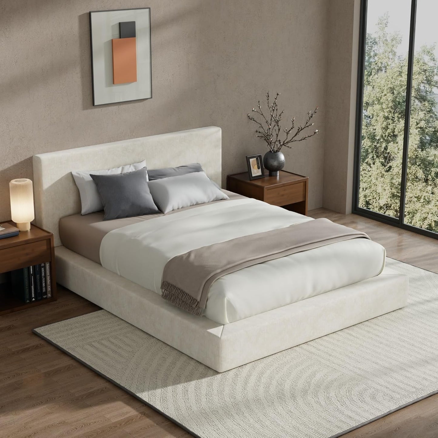 RECCI AirFrame Queen Bed Frame - Cloud Upholstered Platform with Headboard, 5-Inch Foam Cushioned, Easy Assembly | Beige Chenille