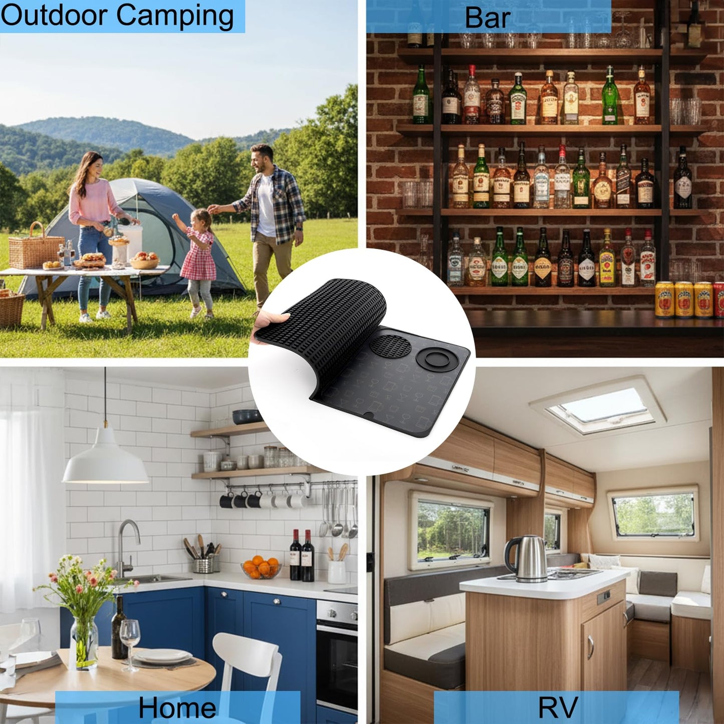 Tebery 3-in-1 Foldable Bar Mat for Countertop, Nonslip Cocktail Drying Mats with Removable Cutting Board, Silicone Mat Home Bar Accessories with Salt Rim for Drinks, Outdoor Camping, Picnic