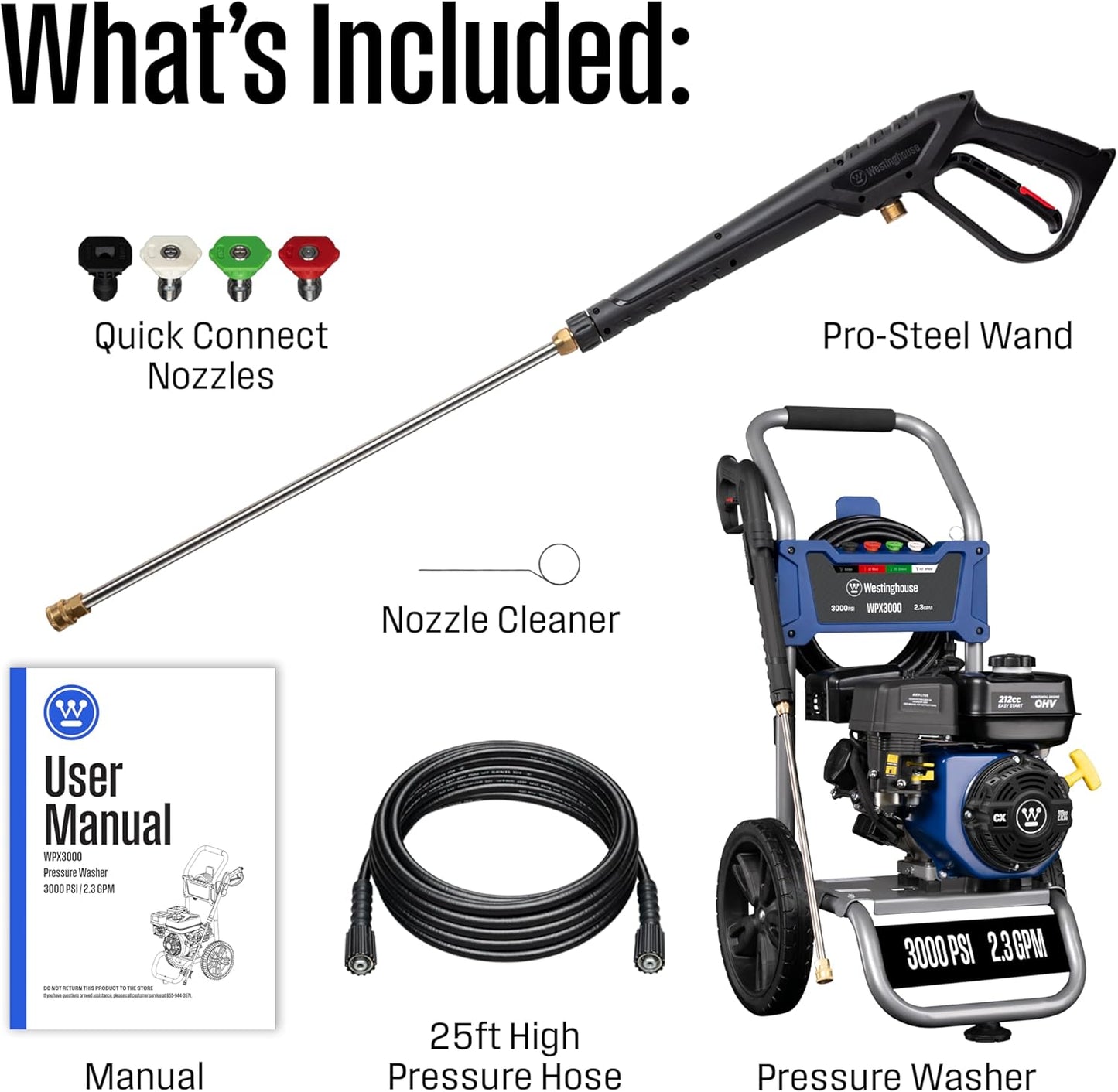 Westinghouse WPX3000 Gas Pressure Washer - 3000 PSI, 2.3 GPM, Includes Spray Gun & 4 Nozzles for Versatile Cleaning