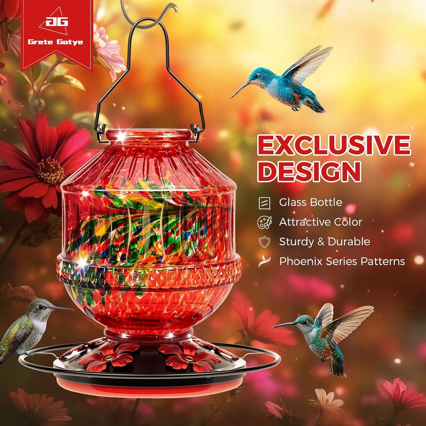 Skiennix Blown Glass Hummingbird Feeder - 25 Ounce Leak-Proof Nectar Feeder with 5 Flower Ports | Red Garden Decor