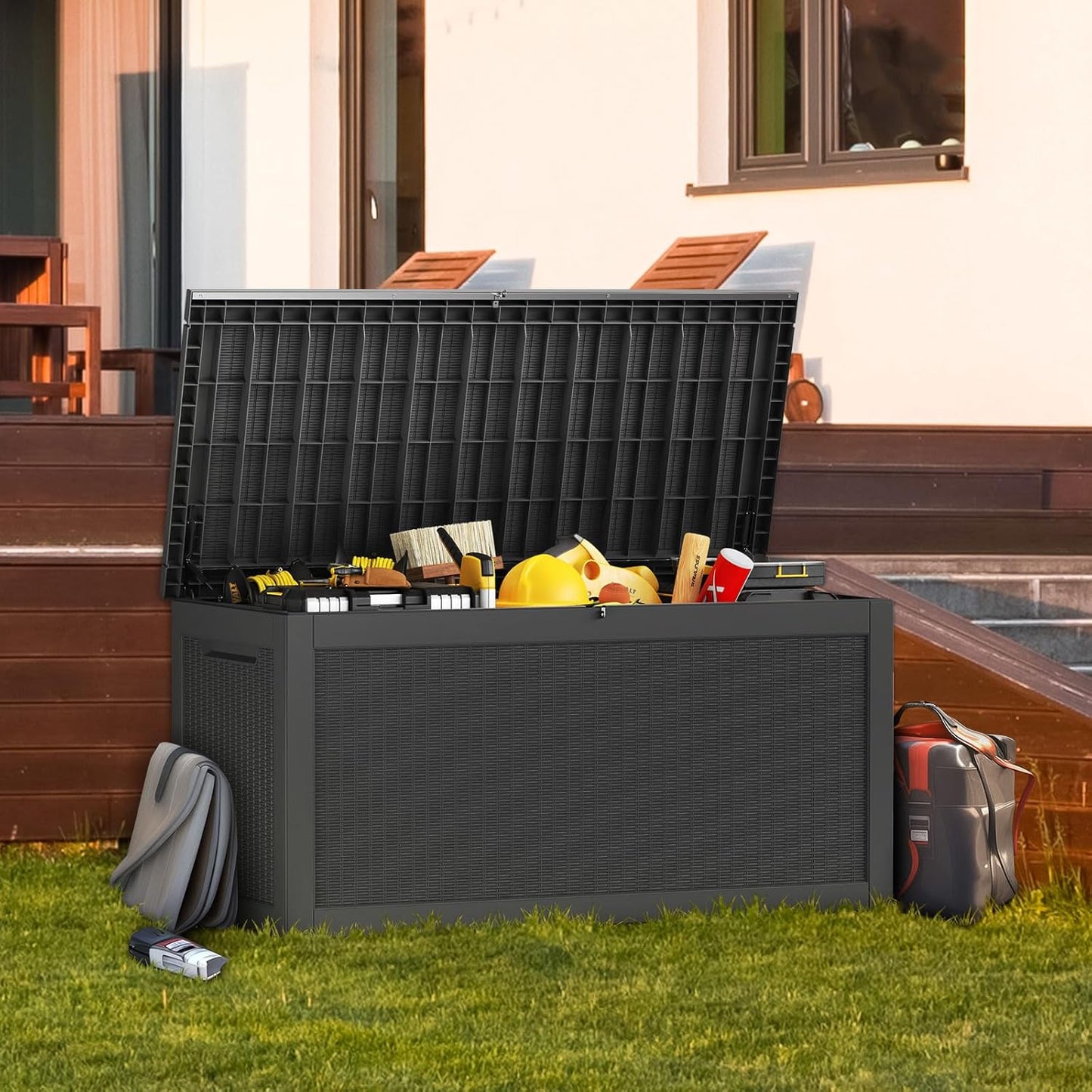 TARKARI 320 Gallon Lockable Resin Deck Box - Waterproof & UV-Resistant Outdoor Storage | Black
