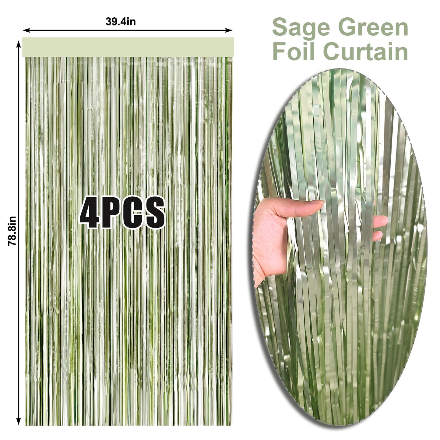 4 Packs Sage Green Foil Fringe Curtain, Light Green Glitter Metallic Tinsel Backdrop for Boho Birthday Wedding Bridal Baby Shower Engagement Martini Party Decorations Supplies