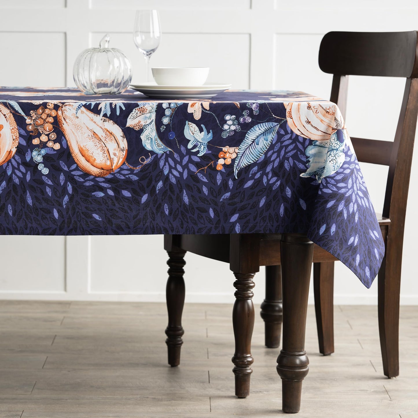 Maison d' Hermine Table Cloth Rectangle Table 100% Cotton 70 x 108 Inches Fall Tablecloth Reusable Everyday Use for Thanksgiving Christmas Decorations Dining Farmhouse Party (Pumpkin Blues)