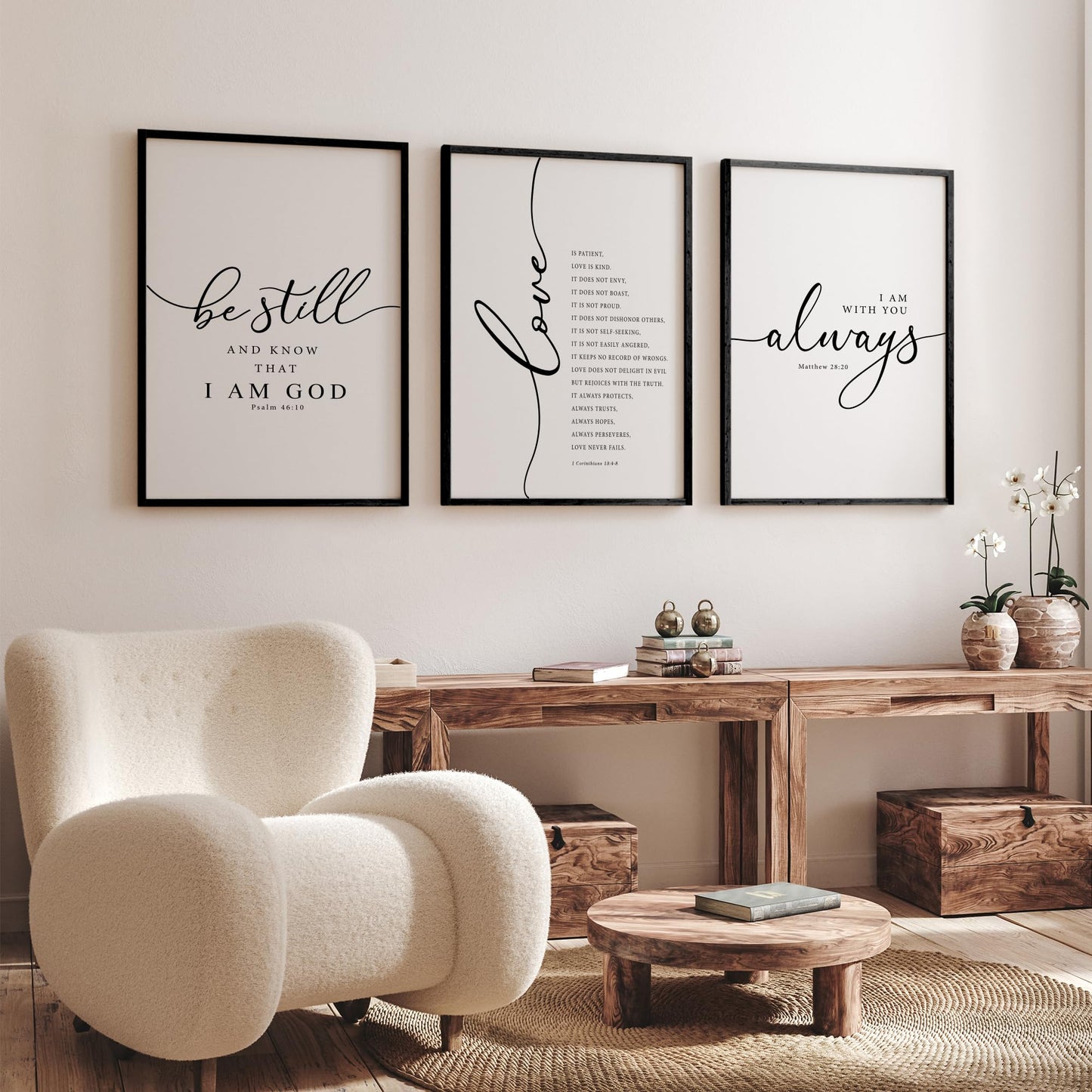 Heiple Framed Be Still and Know that I am God Sign Love is Patient Love is Kind Wall Art Set of 3 Prints for Home Bedroom Decor Above Bed Bible Verse Scripture Art Christian Religious Wall Decor (Black, 16"x24")