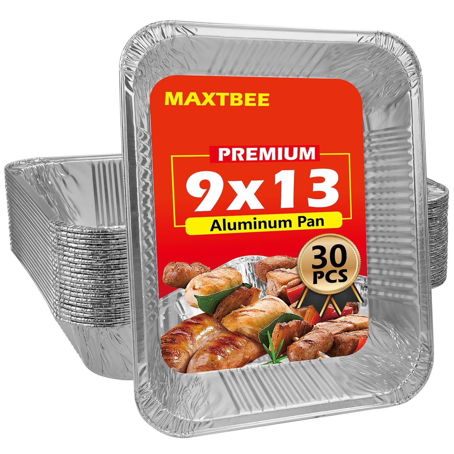 MAXTBEE 9x13 Aluminum Foil Pans, 30 Pack Disposable Trays Half Size Heavy Duty Tin Pans Deep Food Containers For Cooking, Meal Prep, Baking, Roasting, Chafing, Heating or Steam Table