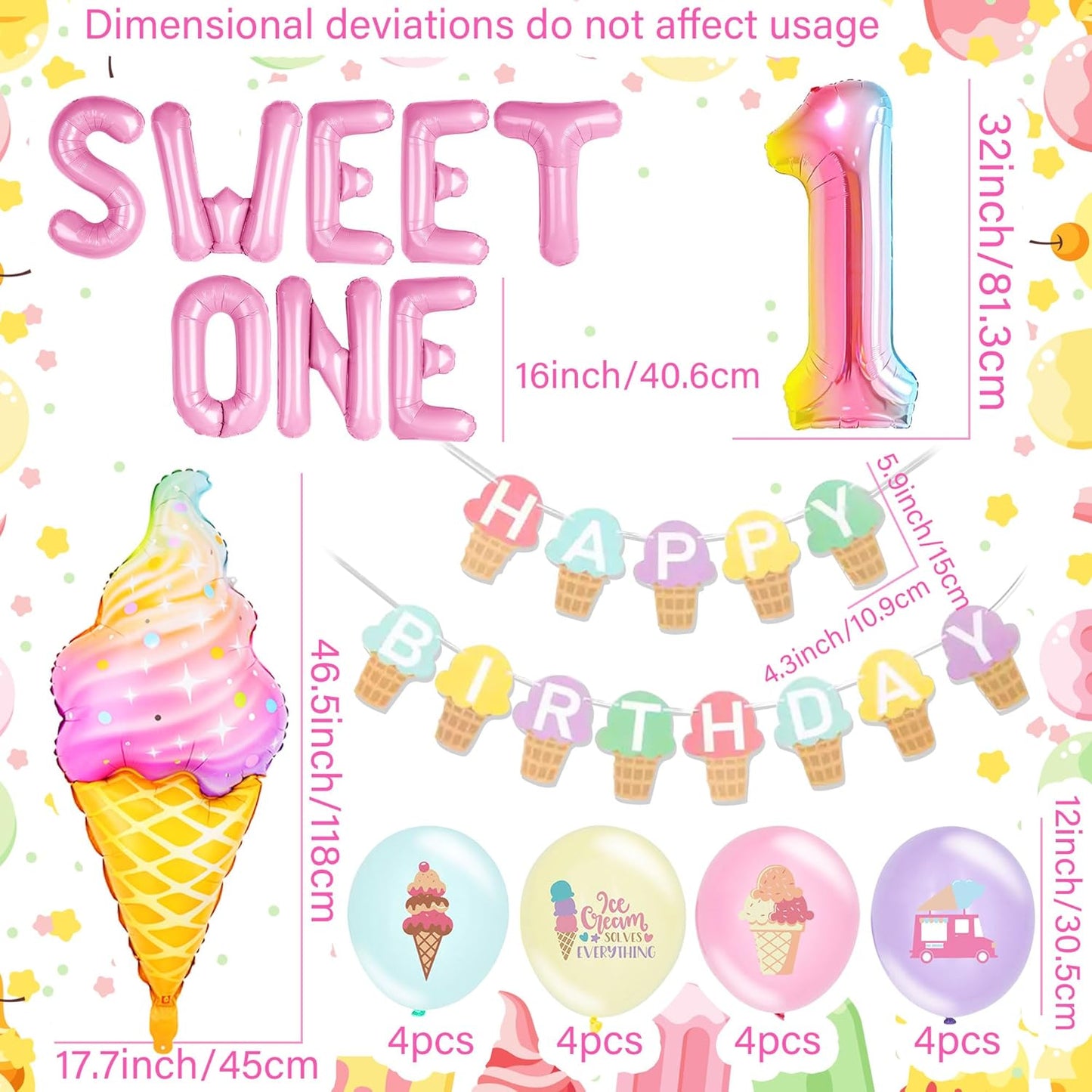 Sweet One 1st Birthday Decorations for Girls - Donut & Ice Cream Party Supplies Set