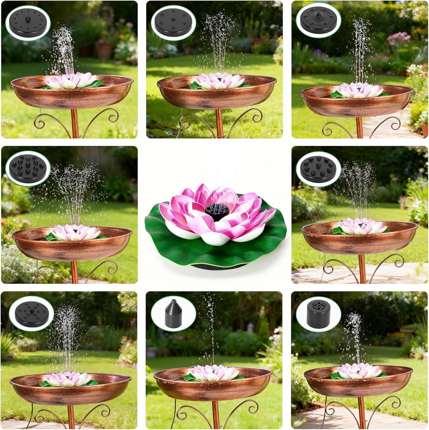 Skiennix Solar Fountain Pump - 2W Bird Bath Fountain with 7 Spray Nozzles & Detachable Lotus Design for Garden, Pond, Patio, Pool Decor