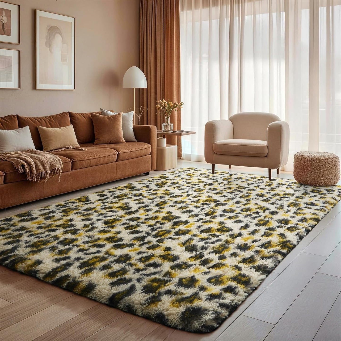 Ophanie Leopard Print Rug - Fluffy Shaggy Soft Throw for Bedroom & Living Room | Large 4x6 Cheetah Design