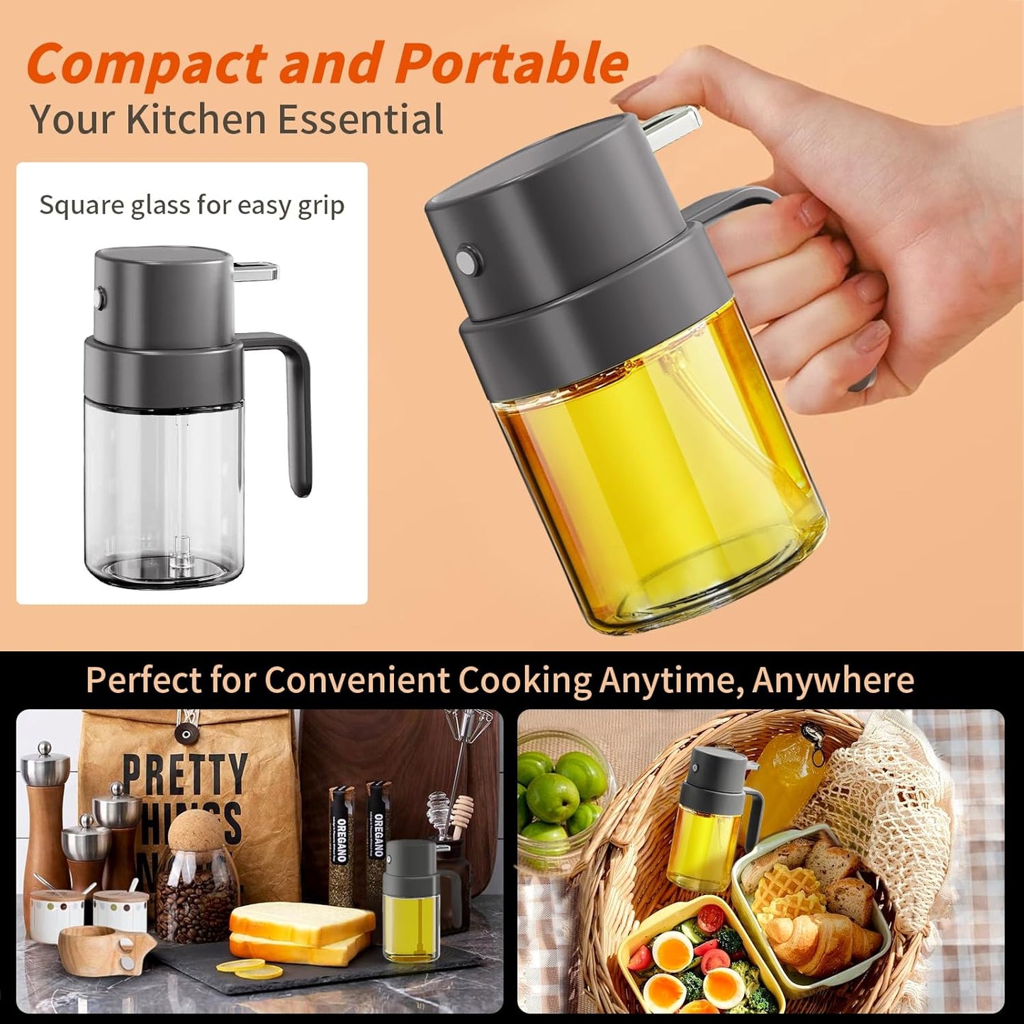 YARRAMATE Mini Oil Sprayer - 6.8 OZ Food-Grade Olive Oil Spray Bottle for Cooking | Portable Gray Mister