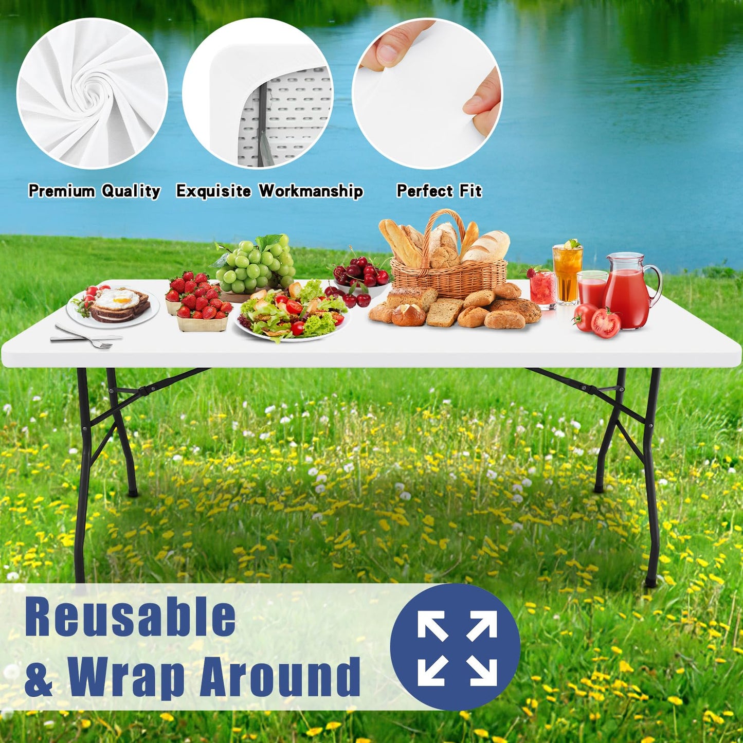 Moosfor Spandex 6 Foot Rectangle Table Cloth 4 Pack, Elastic Fitted Tablecloths for Picnic, Stretch Washable Patio Table Cover for Outdoor, Camping, Banquet and Parties (White, 30"x72")
