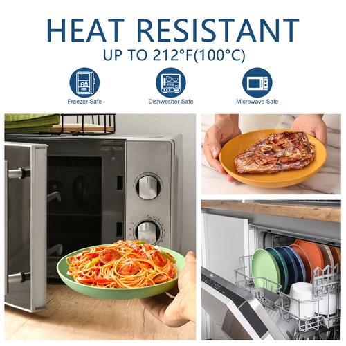 HOTEC 8-Pack 8inch BPA Free Unbreakable Deep Plastic Plates, Wheat Straw Camping Plates Dishwasher Safe Kitchen Plates Dinnerware Multicolor