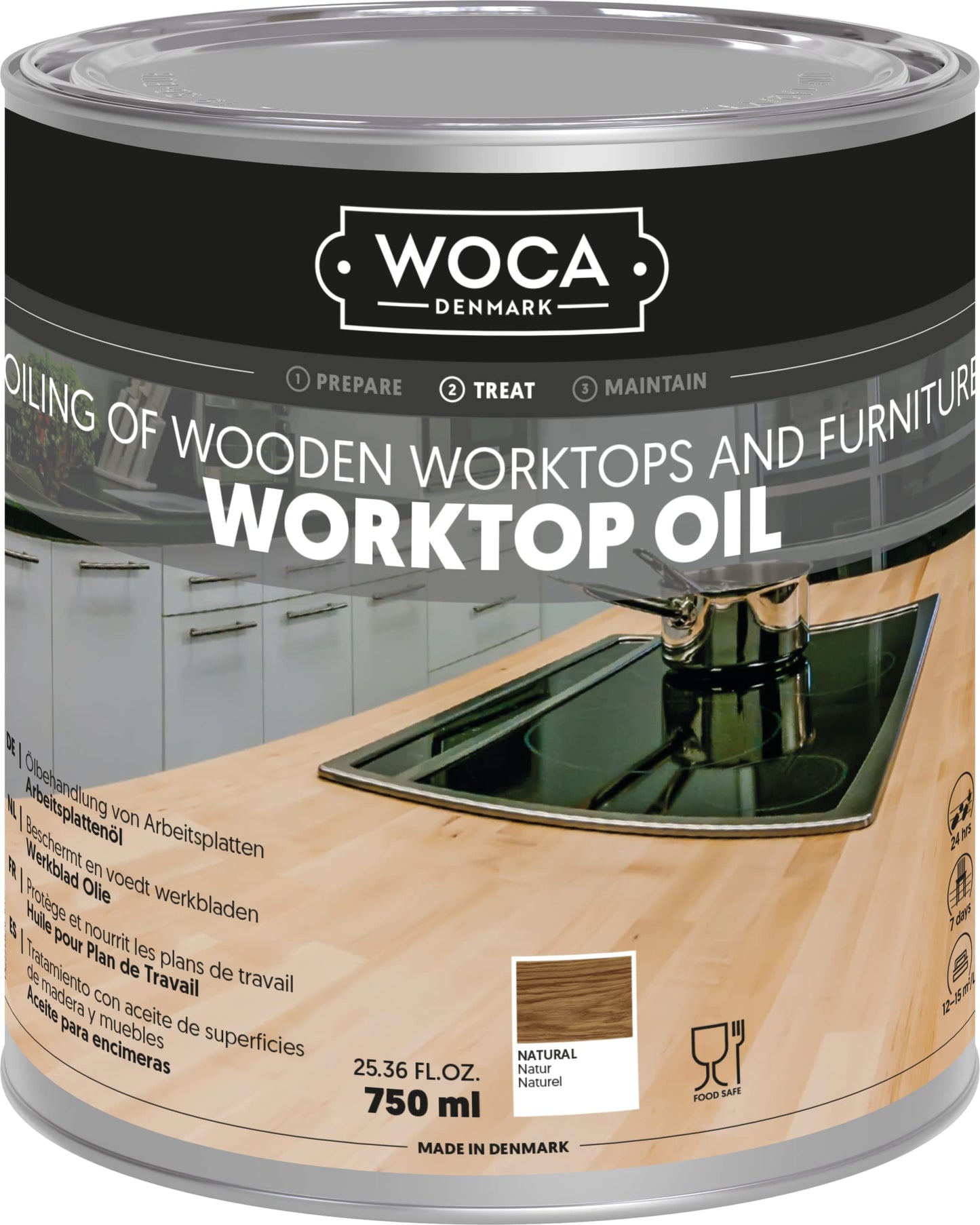 WOCA Denmark Worktop Oil Natural |750 ml| Finish & Restore Wood Butcher Block countertops, Cutting Boards, Kitchen Furniture and Other Wood Items Naturally. Food Contact Safe