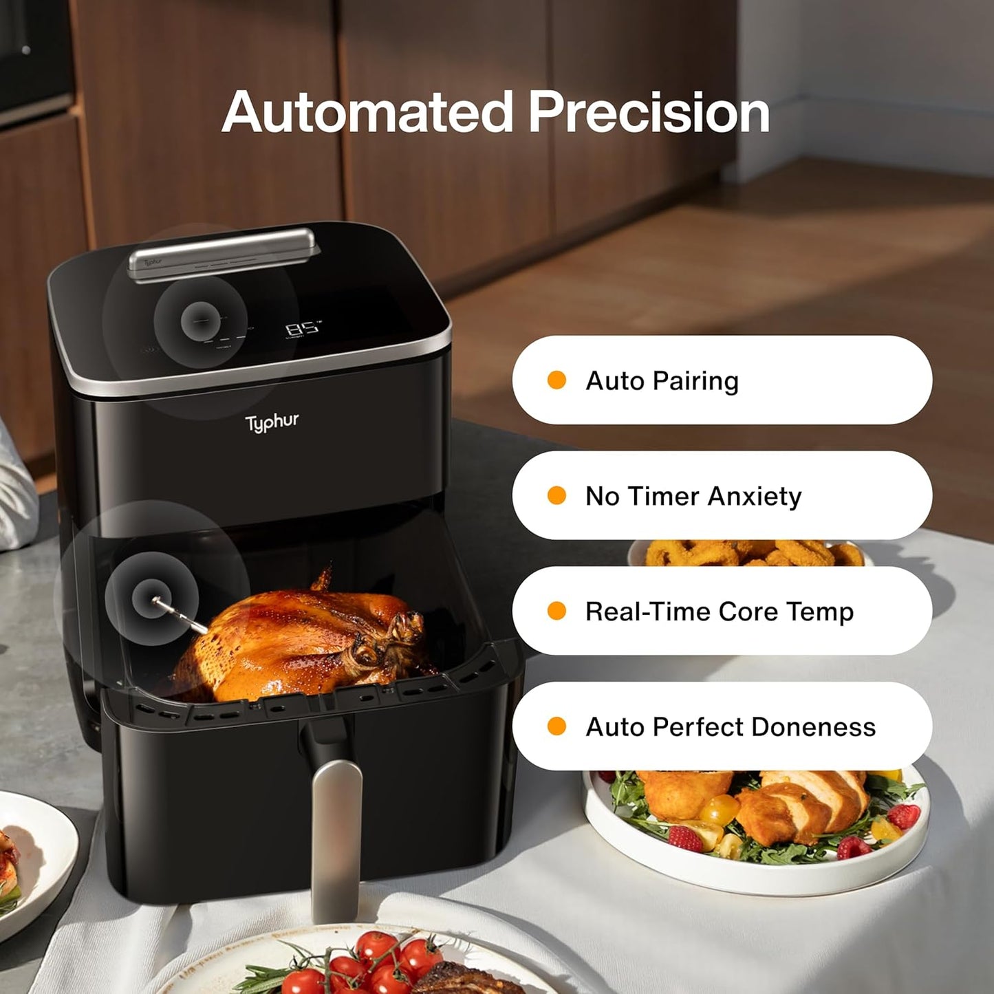 Typhur Sync 8QT AI Smart Air Fryer - 9-in-1 Non-Toxic Ceramic with Wireless Meat Thermometer | Cooks 6lb Chicken