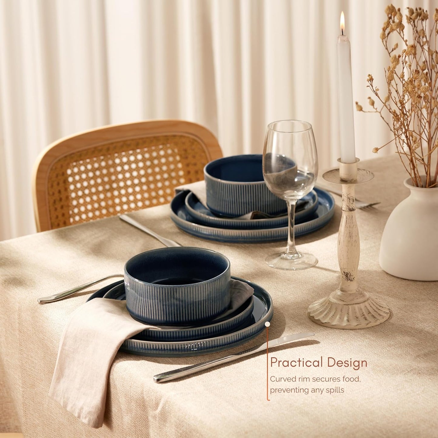 Vase and Vessel Ceramic Dinnerware Set - 12-Piece Service for 4 | Ombre Reactive Glaze, Durable Stoneware, Denim