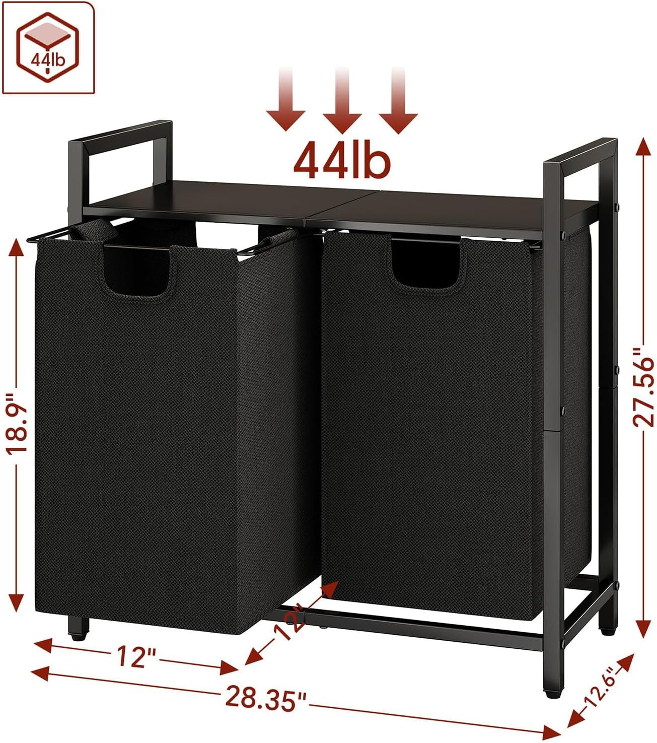 Kitstorack Laundry Hamper Organizer - 2 Pull-Out Bags & Shelf for Easy Sorting | 44.5L Capacity