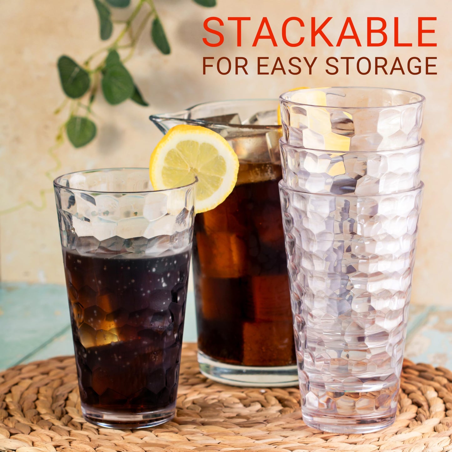 Bravario Hammered Plastic Drinking Glasses Set of 6-22 oz Clear Reusable Cups, Durable Dishwasher Safe Highball Tumblers, Stackable BPA & EA-Free