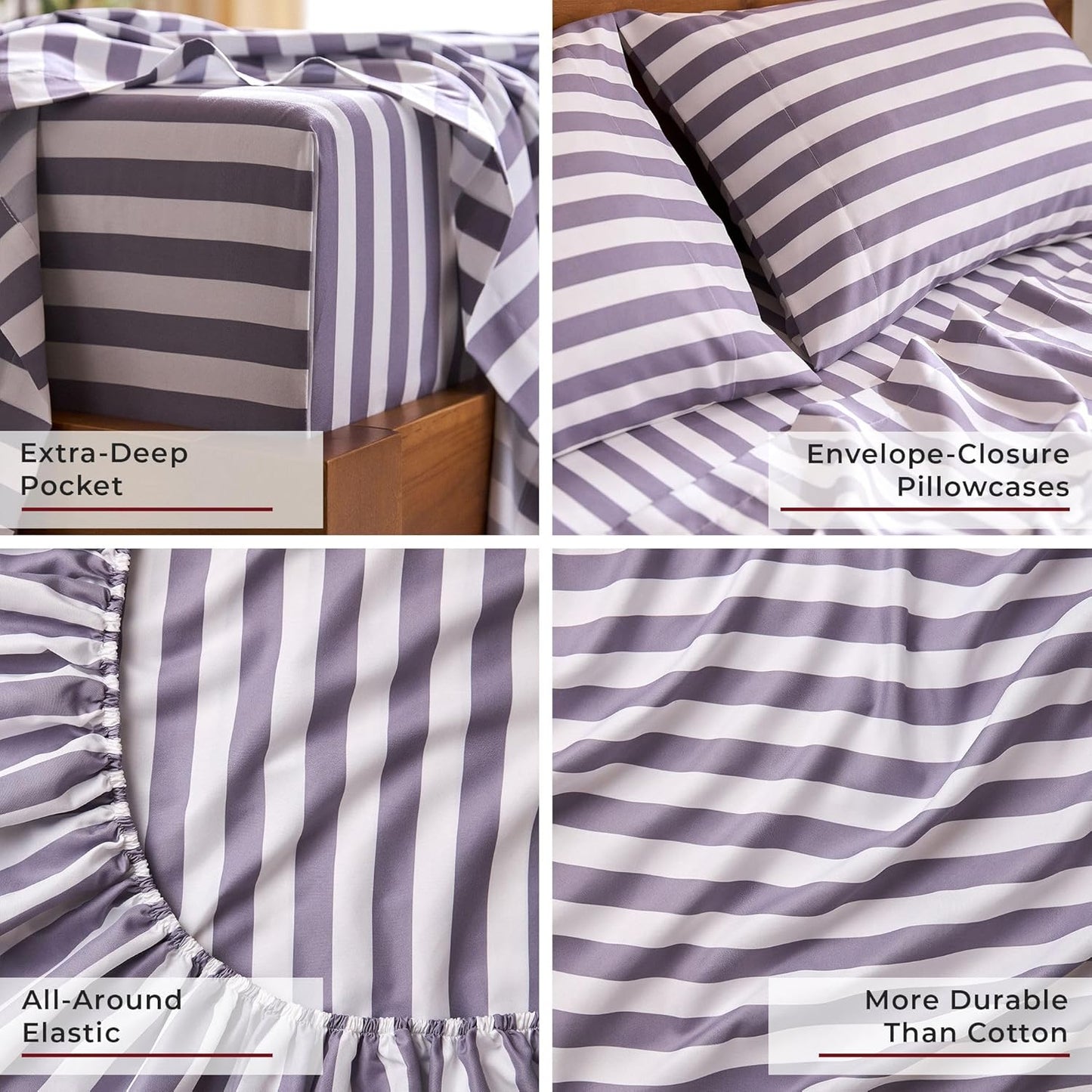 Mellanni California King Sheets Set - 4 PC Hotel Luxury Bedding | Soft, Cooling, Wrinkle-Resistant (Oxford Stripe Hazy Lilac)