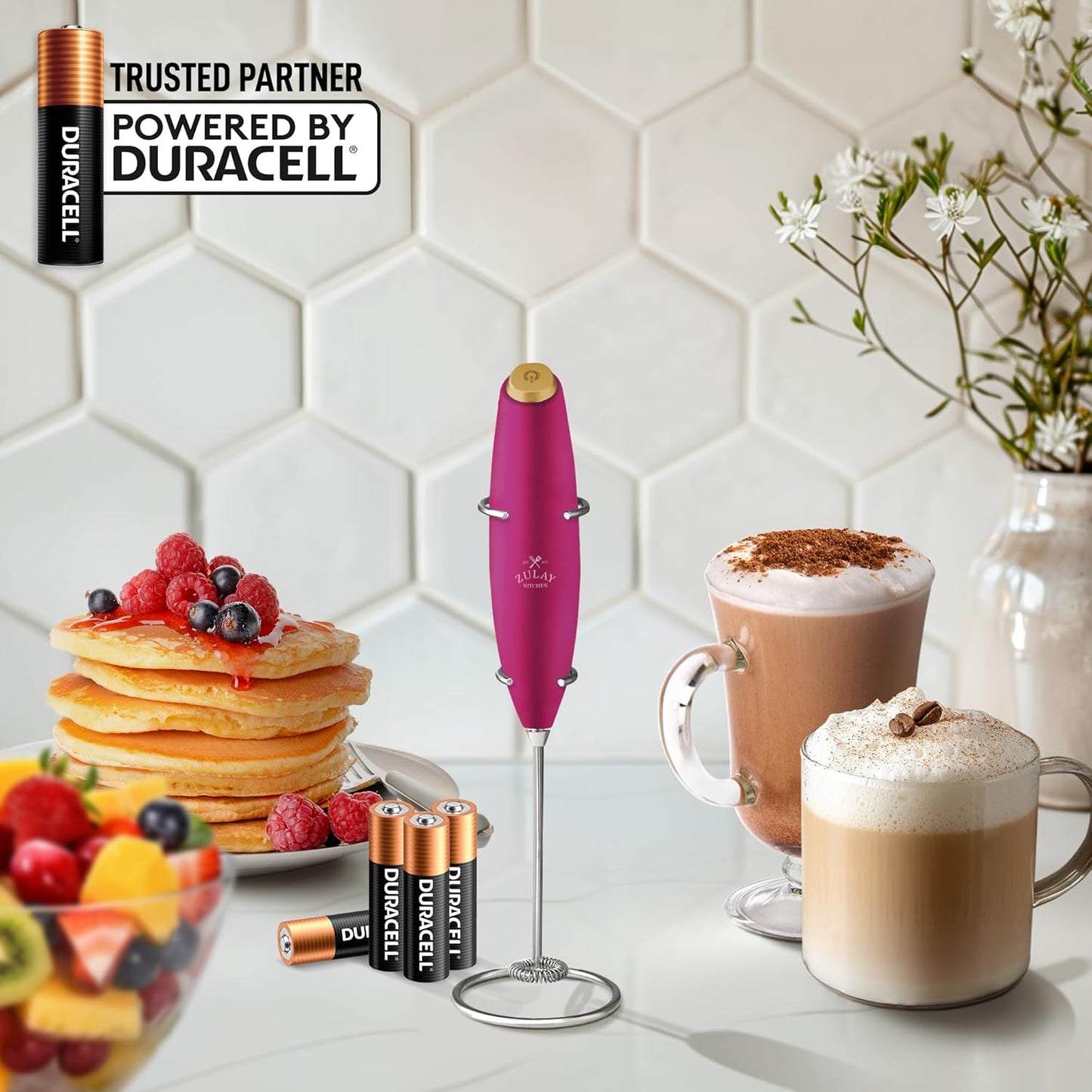 Zulay Kitchen Milk Frother Wand - Ultra-Fast Handheld Drink Mixer with 4 AA Batteries - Hot Pink Gold